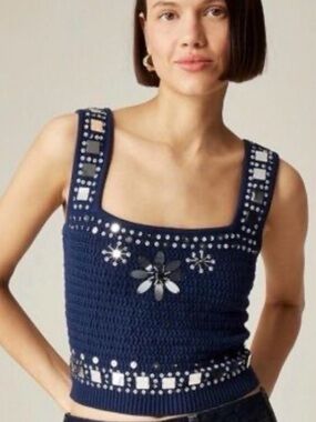 NWT J.CREW Sweater Tank w/ Hand Embellished Mirrors & Floral pattern Navy S $158